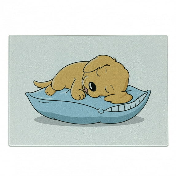 Golden Retriever Cutting Board, Puppy Sleeping on a Pillow in Cartoon Style Composition, Decorative Tempered Glass Cutting and Serving Board, Small Size, Pale Orange Pale Blue, by Ambesonne
