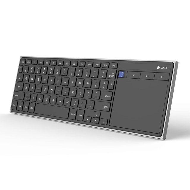 CZUR Rechargeable Bluetooth Keyboard with Touchpad in black, featuring a slim and portable design. This wireless keyboard includes a built-in trackpad on the right side, offering wide compatibility with devices such as PCs, laptops, tablets, phones, and smart TVs. It supports Windows, macOS, Android, and iOS systems. The keyboard connects via Bluetooth with a range of up to 10 meters (33 feet) and includes a rechargeable battery with an auto-sleep feature for extended battery life. The compact and lightweight design makes it ideal for office, business, or work-from-home setups.