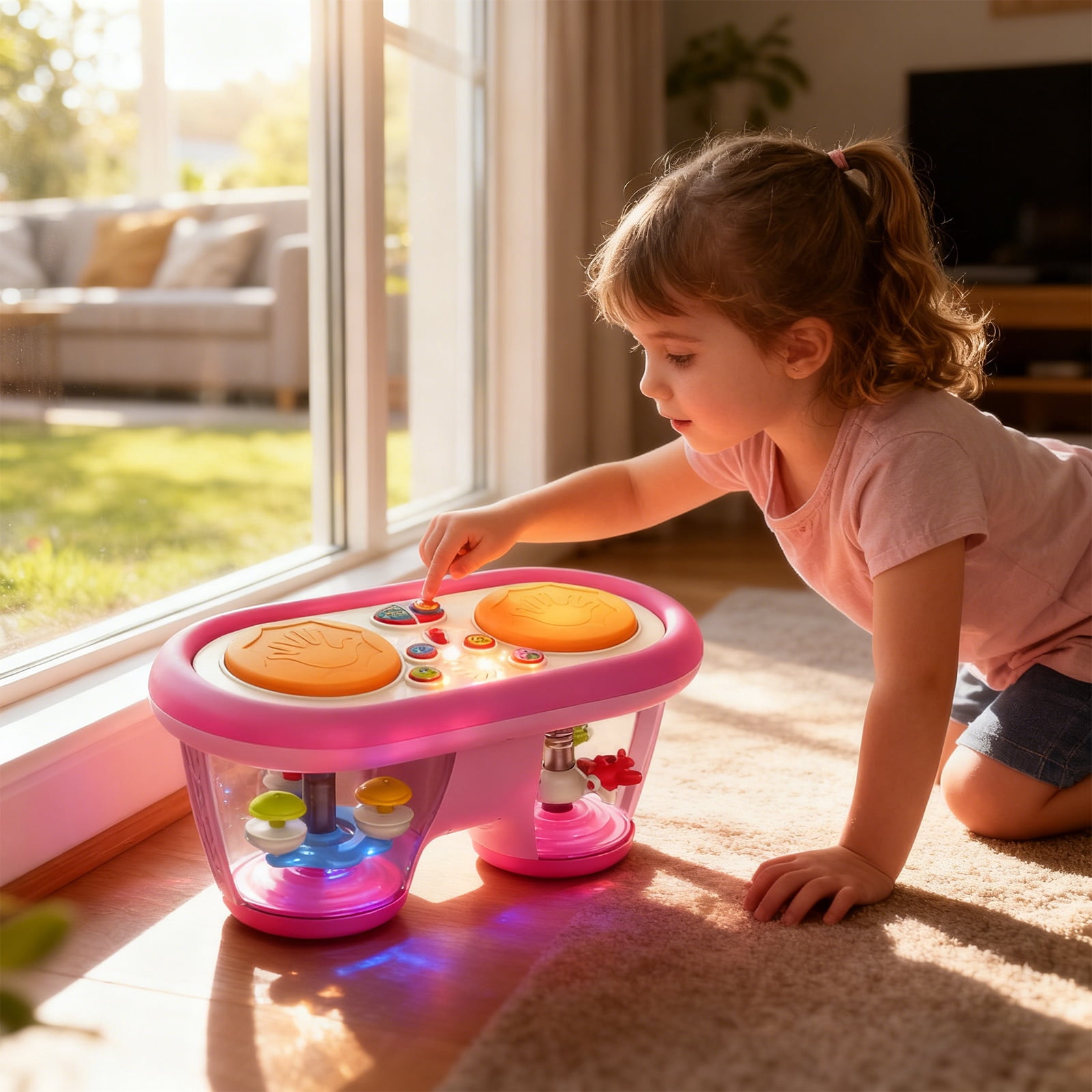 Tummy Time Toys 0-3-6-9 Months + Baby Toys 6-12 Months: Drum Musical Instruments Rotating Light Up Kids Toys, Baby Drum Set & Walker for 1 Year Old Boy Girl Pink