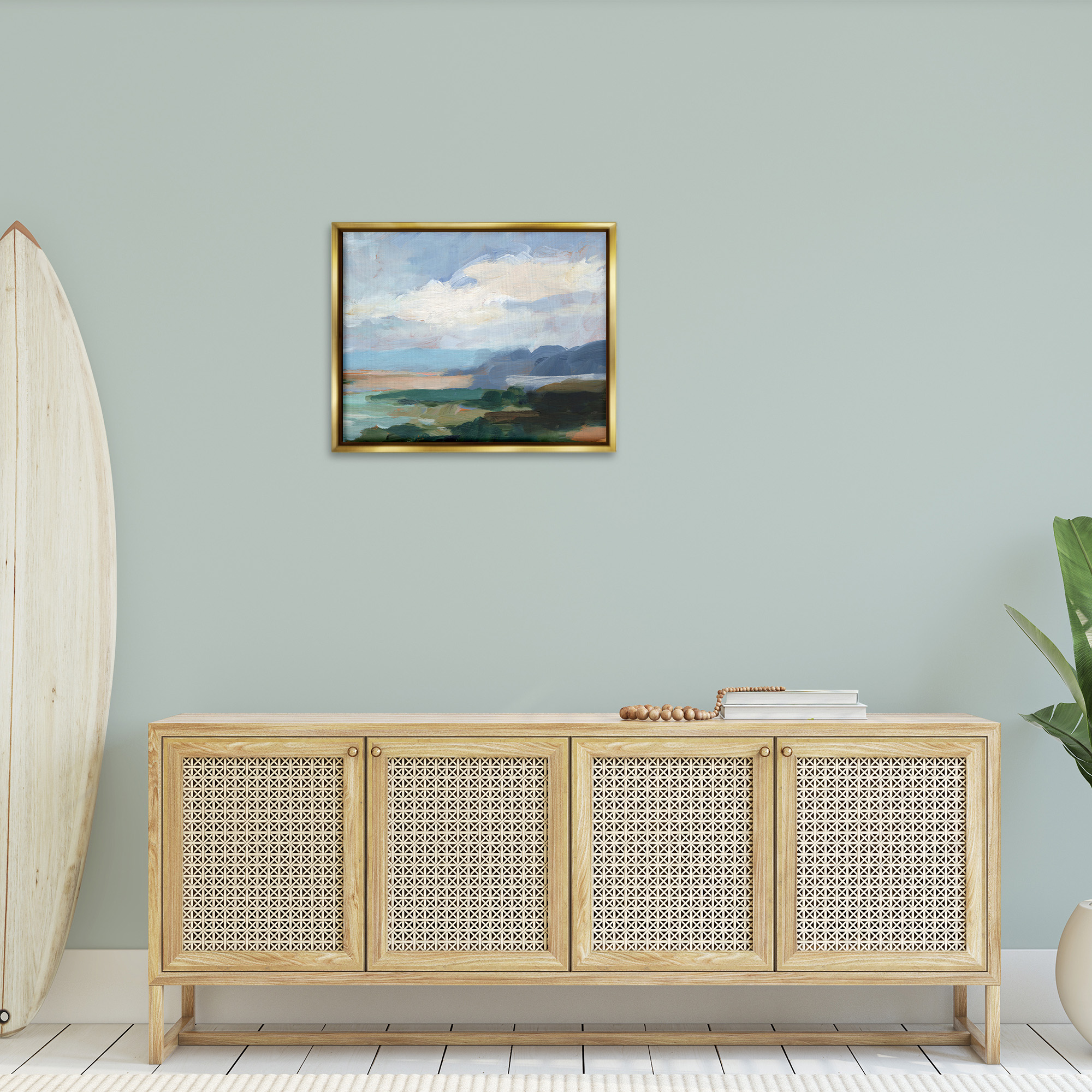 Stupell Industries Traditional Cloudy Beach Landscape Painting Gold Floater Framed Canvas Art Print Wall Art, 31 x 25