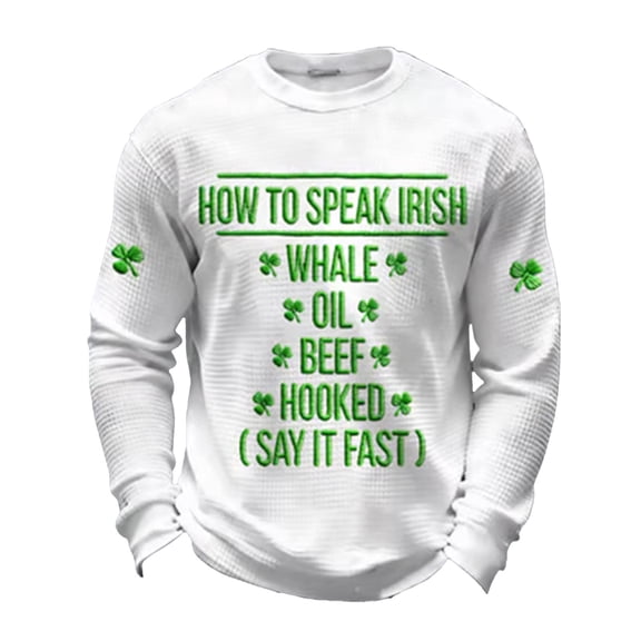 IWRICH Men's St. Patrick's Day Shirt Waffle Irish Shamrock Printed Shirts Crewneck Long Sleeve Slim Muscle Tops Holiday Clothes White XL