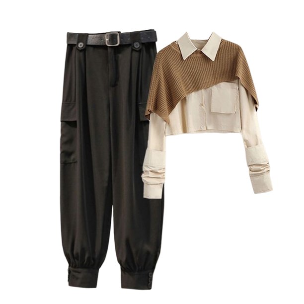 Minnieouse Camisa de piezas para mujer, pantalones, conjunto de patrón de empalme, camisa chal, Retro, informal, ligero, portátil, ropa para conjuntos de ropa Albaricoque Caqui Black4 Minnieouse AP013495-10