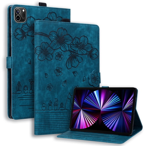 Case for iPad Pro 11 inch 2022/2021/2020/2018 with Stand, Card Slot, Auto Wake/Sleep, Embossed Cat PU Leather Cover, Blue
