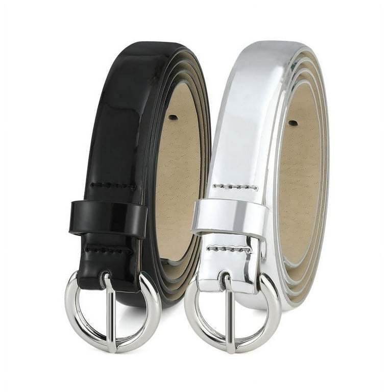 RISANTRY Women's black and silver Patent Leather Thin Belts