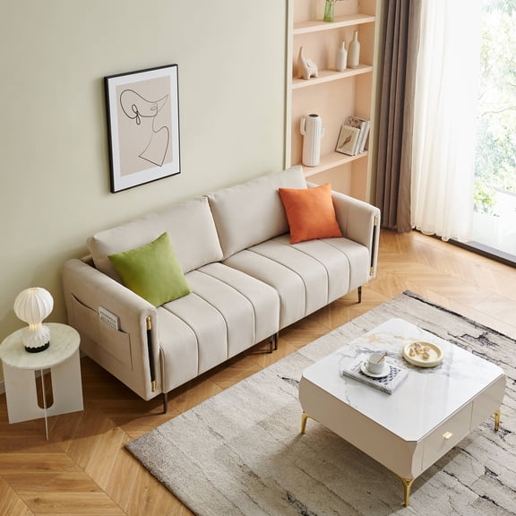 LaMuseCybèle 76.3 inch Sofa Couch, Modern Sofa Loveseat Furniture, Fabric Loveseats Couch with 2 Side Pockets, Deep Seat Sofa for Living Room, Bedroom, Apartment, Movable Back (RICE WHITE)