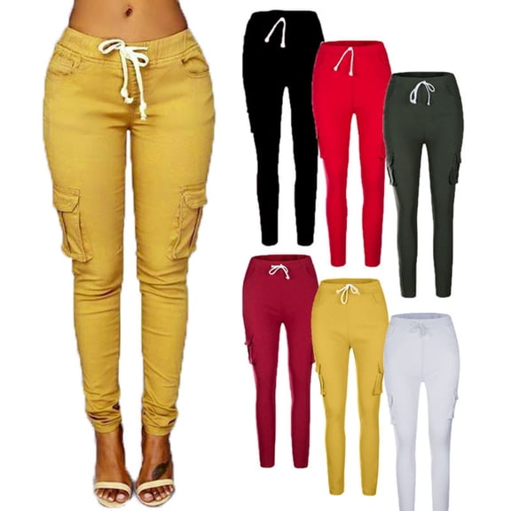 Joernso Casual Women Solid Color Multi-pockets Drawstring Waist Long Pants Trousers
