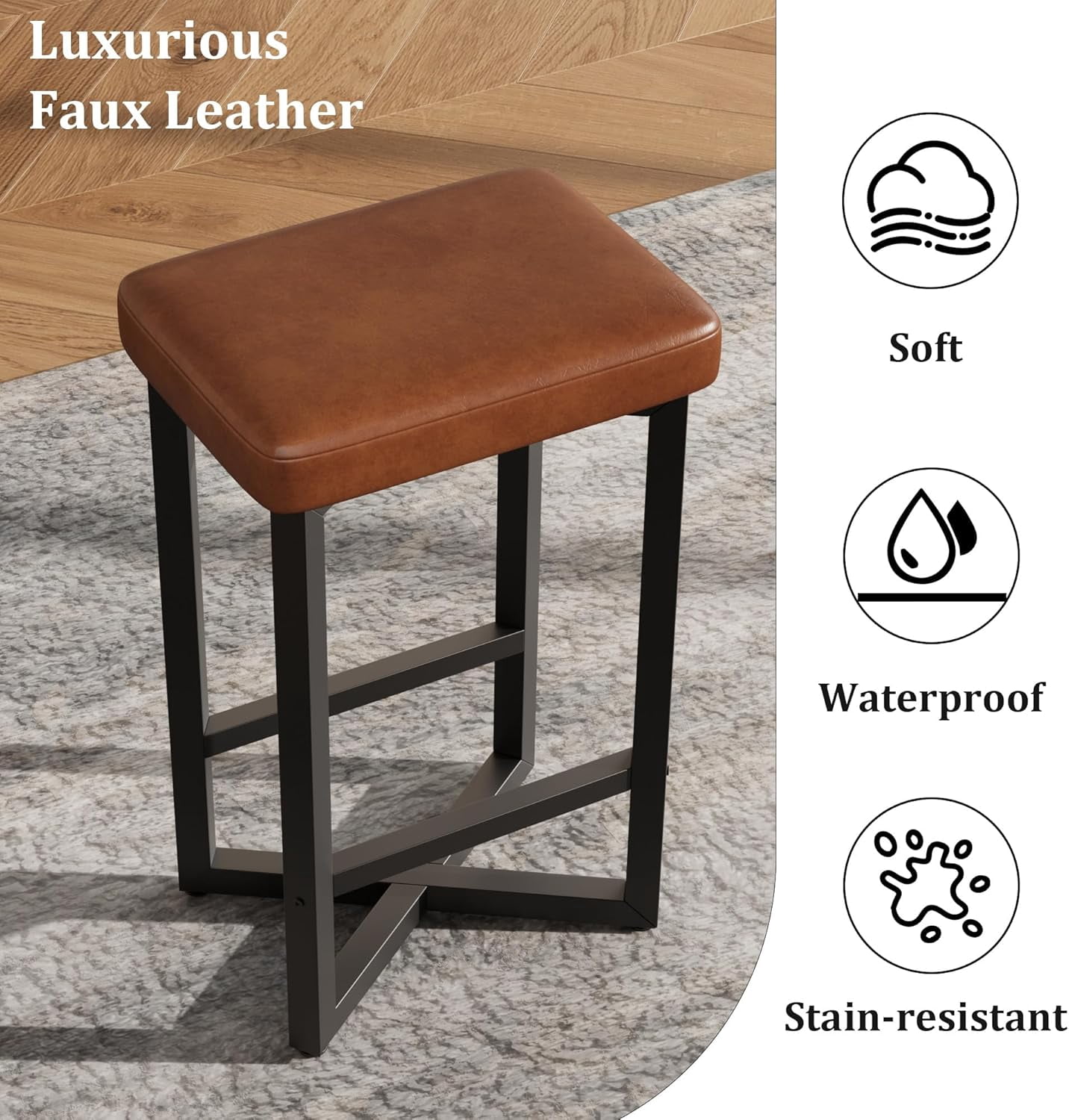 Towallmark Bar Stools Set of 2, 24.6" Counter Height Backless Barstools, Upholstered PU Leather Seats with Metal X-Frame & Footrest, Modern Kitchen Stools for Home Bar, Dining Room, Brown