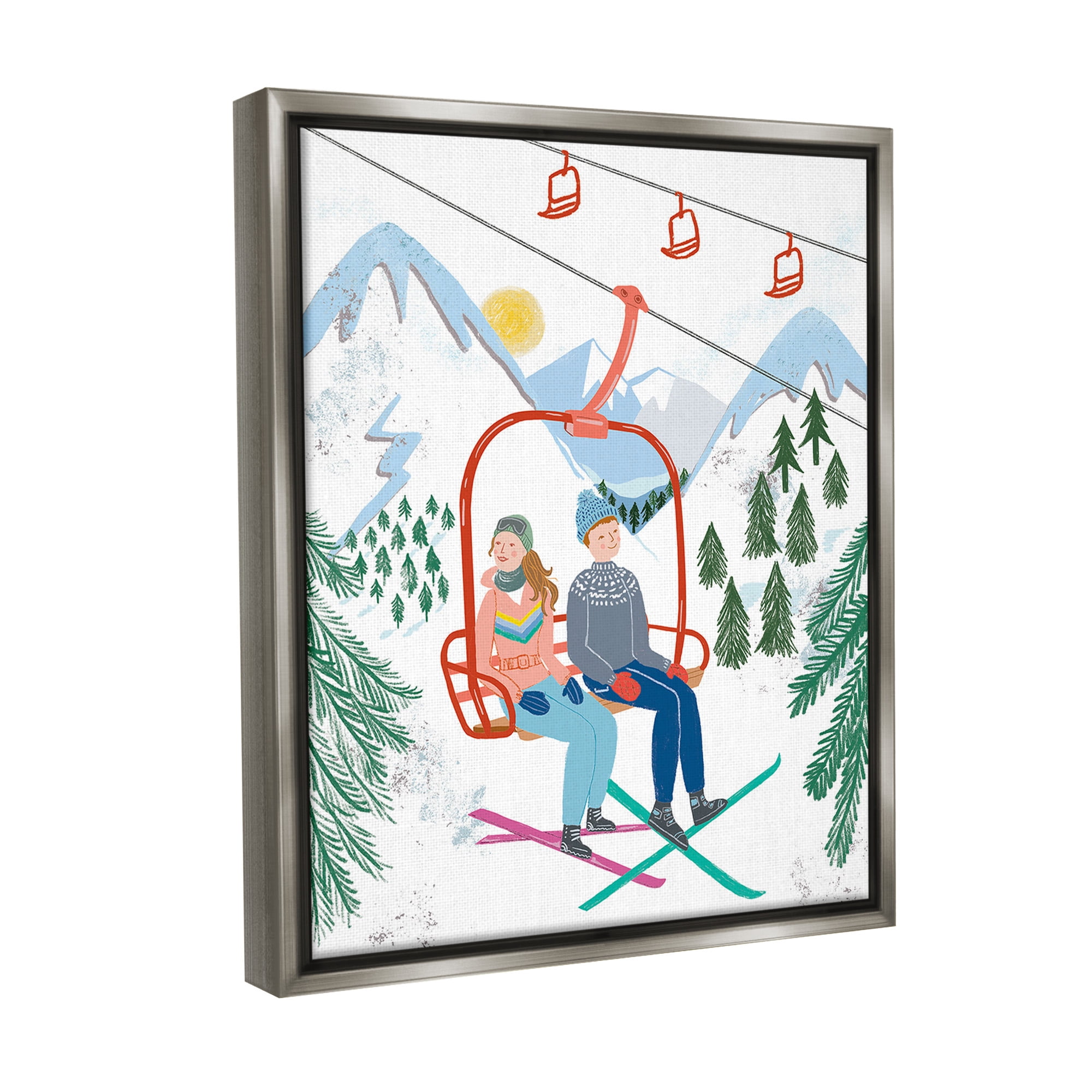 Stupell Industries Winter Ski Lift Friends Sports Painting Gray Floater Framed Canvas Art Print Wall Art, 17 x 21
