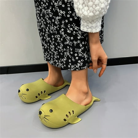 

KaLI_store Travel Slippers Cloud Slippers for Women and Men | Fur Lined Pillow Slippers Open Toe Sandals | Winter Soft Plush Comfy Indoor Slippers | Cushioned Thick Sole Green Side 7.5