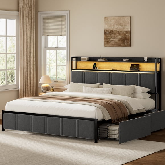 GUNAITO King Bed Frame with Storage Headboard, 2 Drawers Platform Upholstered LED Bed Frame with USB Ports & Outlets Gray