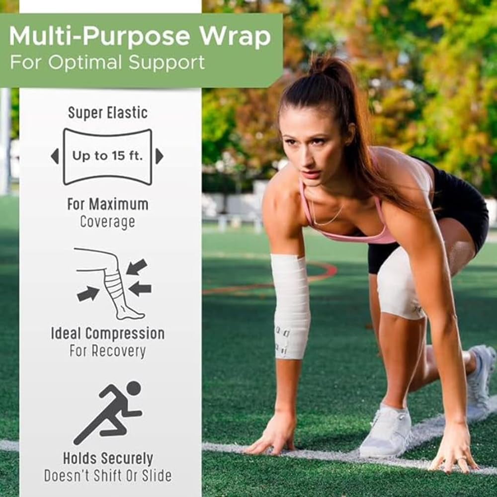 Premium Elastic Bandage Wrap (4" Wide, 6 Pack) - Made of USA Grown Soft Woven Cotton - Metal Clip Fasteners - GT Latex Free Hypoallergenic Compression Roll for Sprains & Injuries (White)