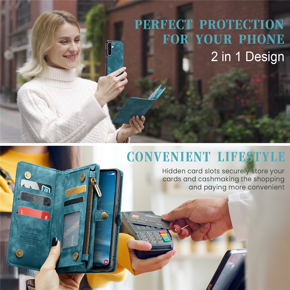 CaseMe Leather Case for Samsung Galaxy A17,2 in 1 Detachable Wallet Case with 8-Card Holder Zipper Bills Slot,Magnetic Shockproof Flip Leather Cover Zipper Pocket Phone Cases,Blue,For Galaxy A17