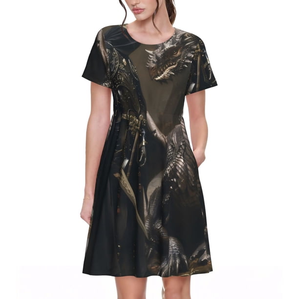 Balery Medieval Knight And Dragon Vestidos sueltos de manga corta para mujer, vestidos de verano 2025, vestidos casuales de corte A con vuelo.