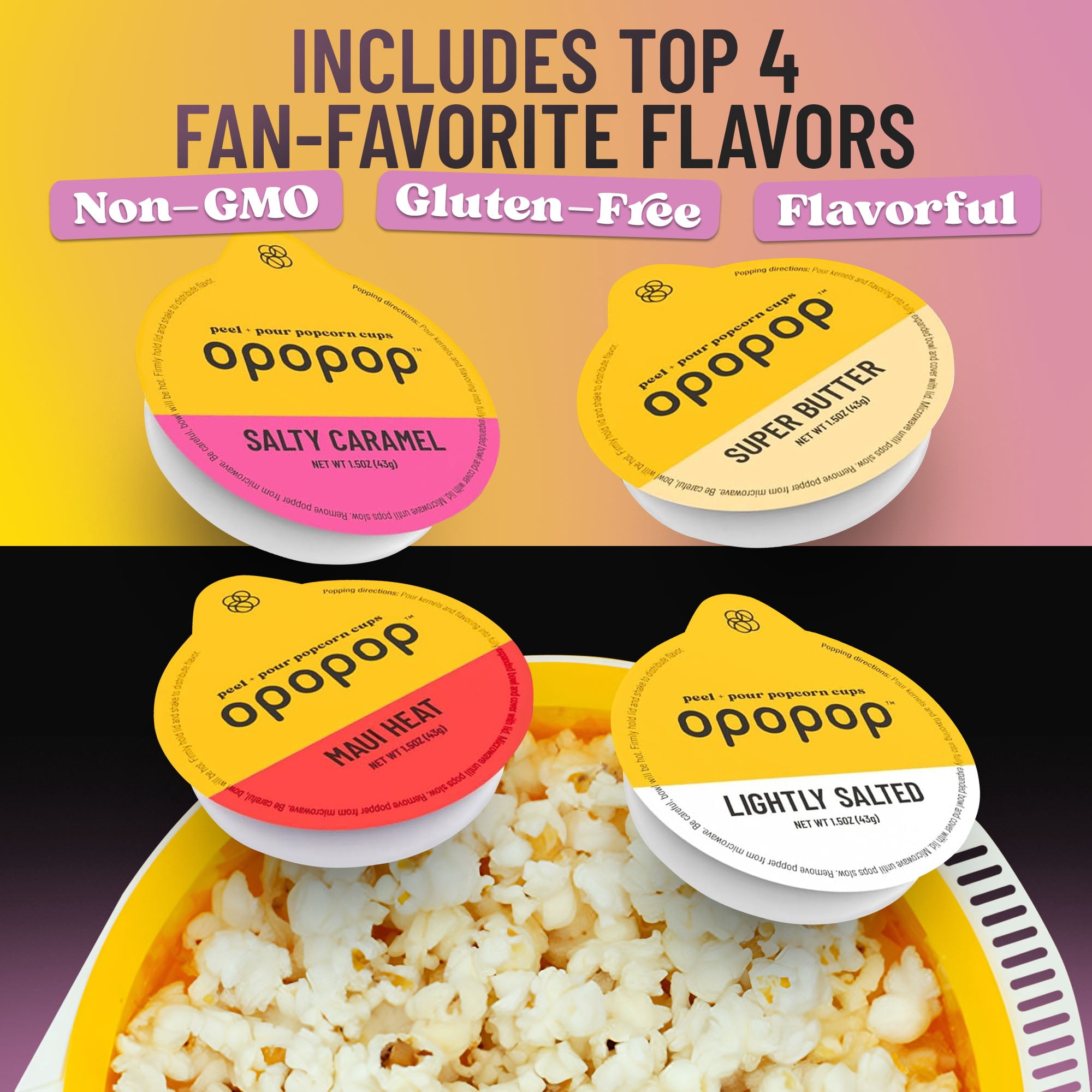 Opopop Microwave Popcorn Variety 4-pack Gourmet Popcorn Kit, Collapsible Silicone Popper, Gluten Free Snacks, BPA Free, Dishwasher Safe, New Flavors