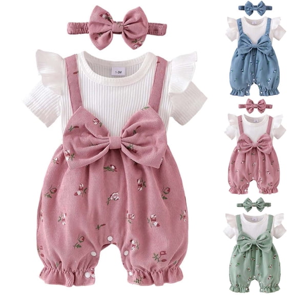 hengsof Newborn Baby Girl Clothes Short Sleeve Bow Romper One Piece Jumpsuit Fall Infant Outfits 1-18 Months