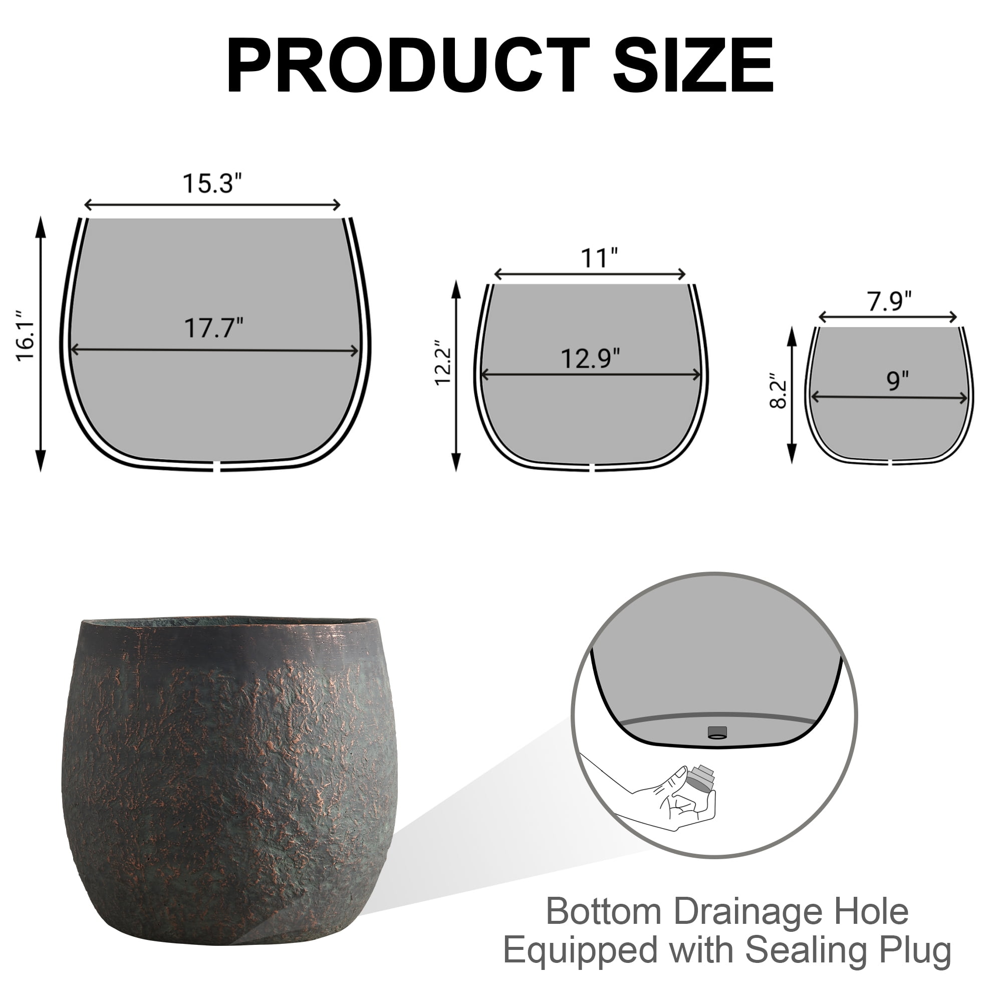 Wallowa 17.7"+13"+9.1" Dia Round Weathered Concrete Planter set of 3, Flower Pots with Drainage Holes for Indoor or Outdoor, Bronze Rust