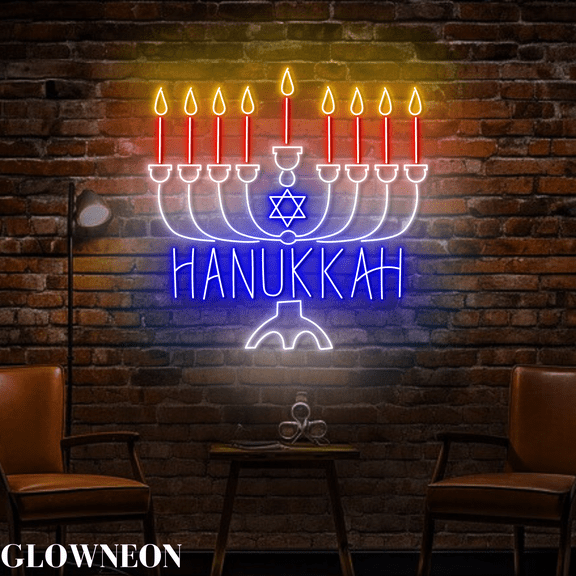 Glowneon Menorah Chanukah Hanukkah Led Wall Art, Hanukkah Wall Decor