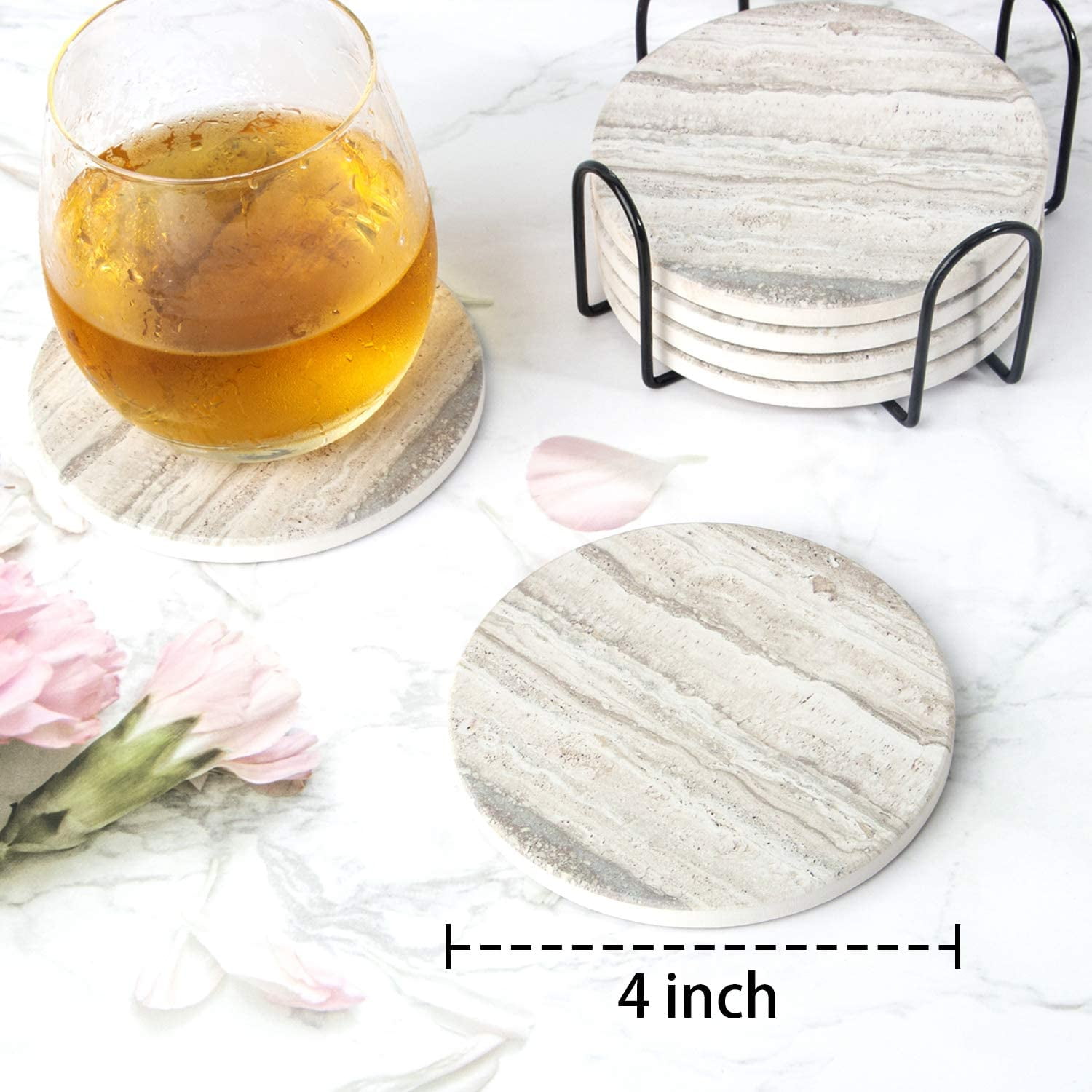 LENYOSSI Coasters for Drinks for Kinds of Cups Marble Surface Pattern Coasters Set of 6 4 Inches Absorbent Coasters with Holder