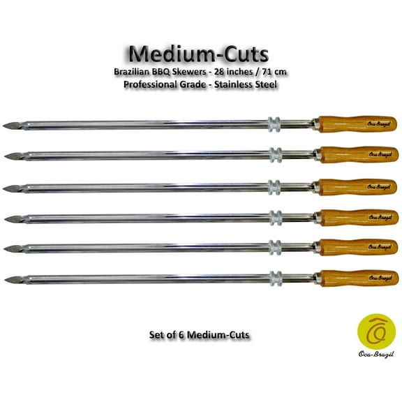 Medium Cuts - Set of 6 Brazilian Skewers for BBQ 28" -  Professional Grade