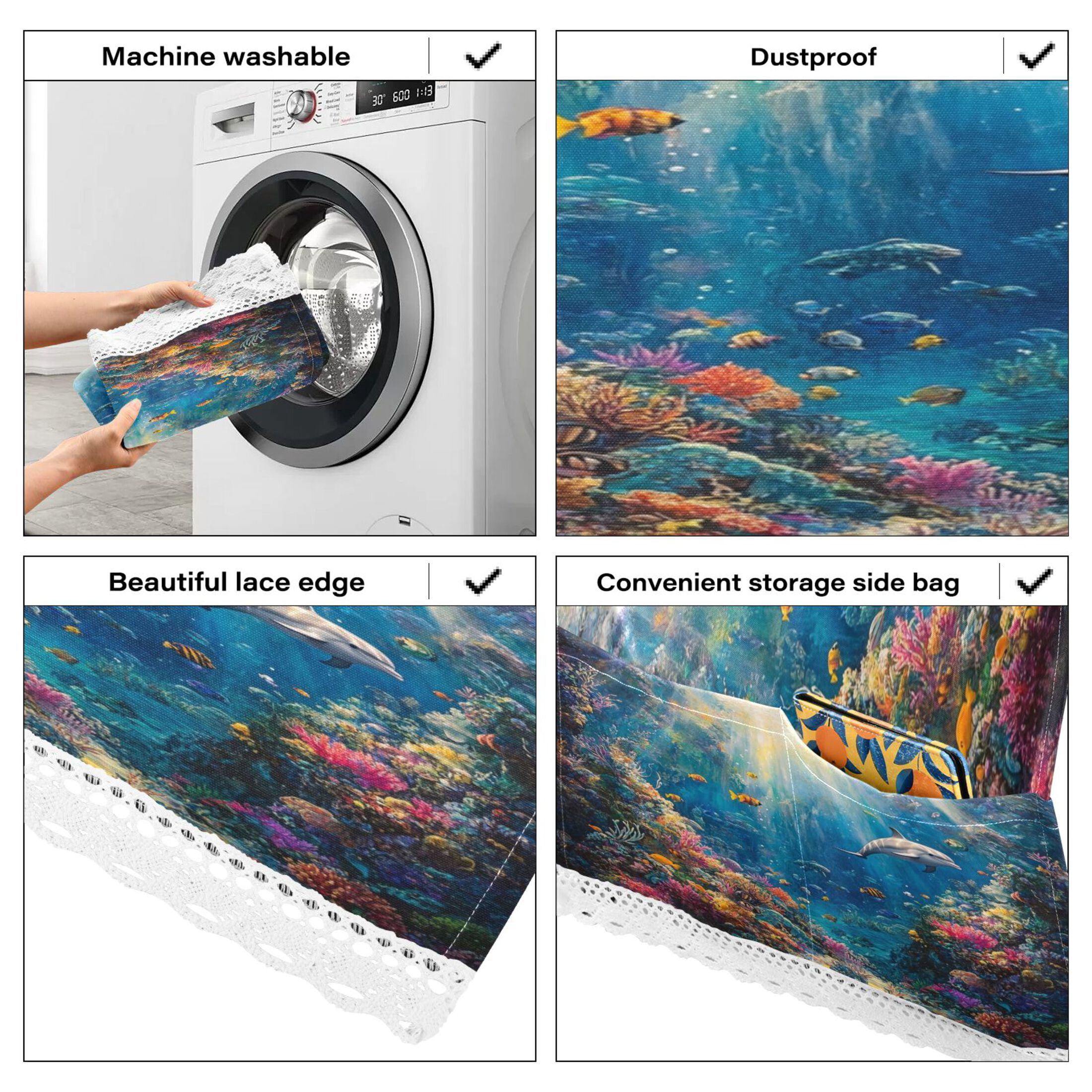 Washing Machine Cover 51.2x22in, Durable Polyester Dust Cover with Lace Trim and Side Pocket for Appliances Underwater World