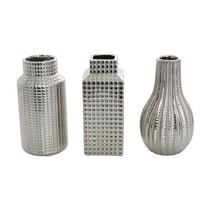 DecMode 3"W, 8"H Geometric Dimensional Textured Silver Ceramic Vase with Varying Shapes and Grid Patterns, Set of 3