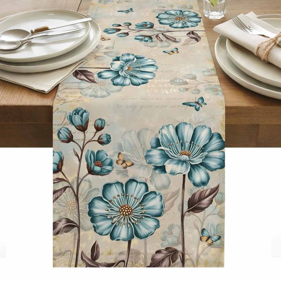 Blue Tulip Table Runner - 72 Inch Long, Kitchen Dining Table Runner Dresser Scarves, Vintage Flowers Leaves Butterfly Khaki Rustic Farmhouse Decor for Coffee Tables Wedding Party Banquet