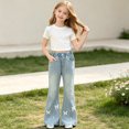thumbnail image 6 of Spazoro Girls Denim Flare Pants with Pockets, Stretchy Butterfly Print . Loose Fit Elastic Waist Retro Bell Bottom Trousers for Daily Wear Blue Size 4-5T, 6 of 9