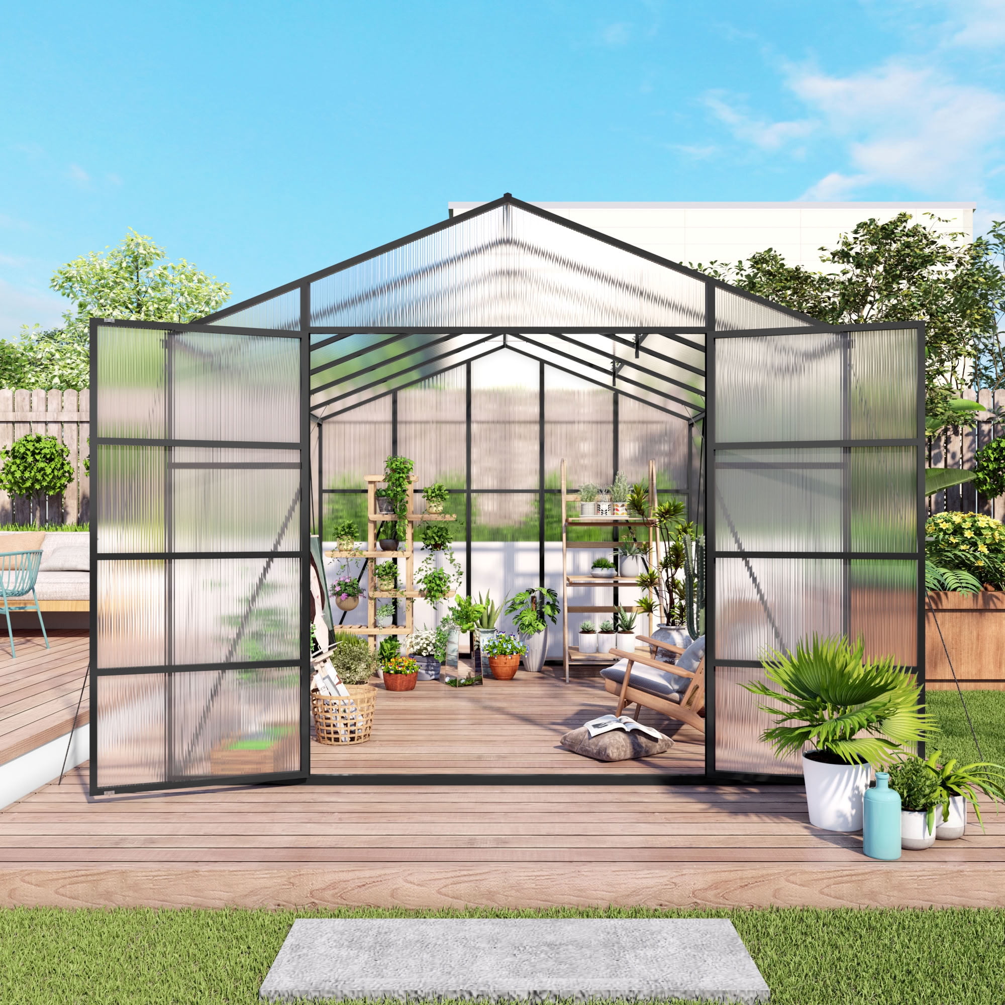 MAYEERTY 10x12 FT Walk-in Greenhouse with Raised Base & Anchors, All-Season Windproof Greenhouse with Drainage System for Backyard, Garden & Patio