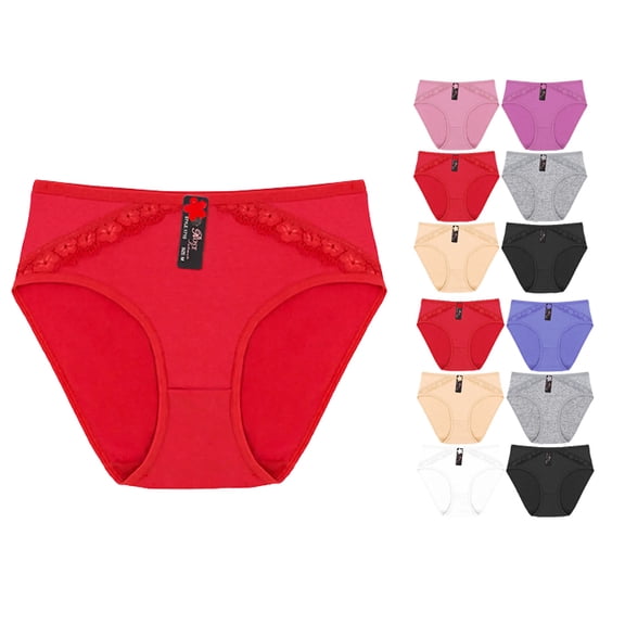 Women's Solid Cotton Blend Panties Lace Panel Stretch Briefs 12 Pack (S)