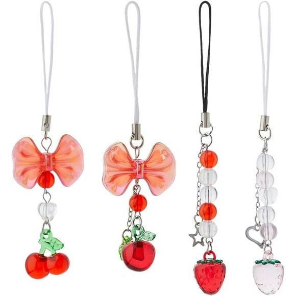 4pcs Cute Cell Phone Charms 4 Styles Acrylic Beads Mobile Straps With Nylon Rope Strawberry Cherry Phone Straps Charms Accessories for Phone Bag Keychain Camera Pendants Decor