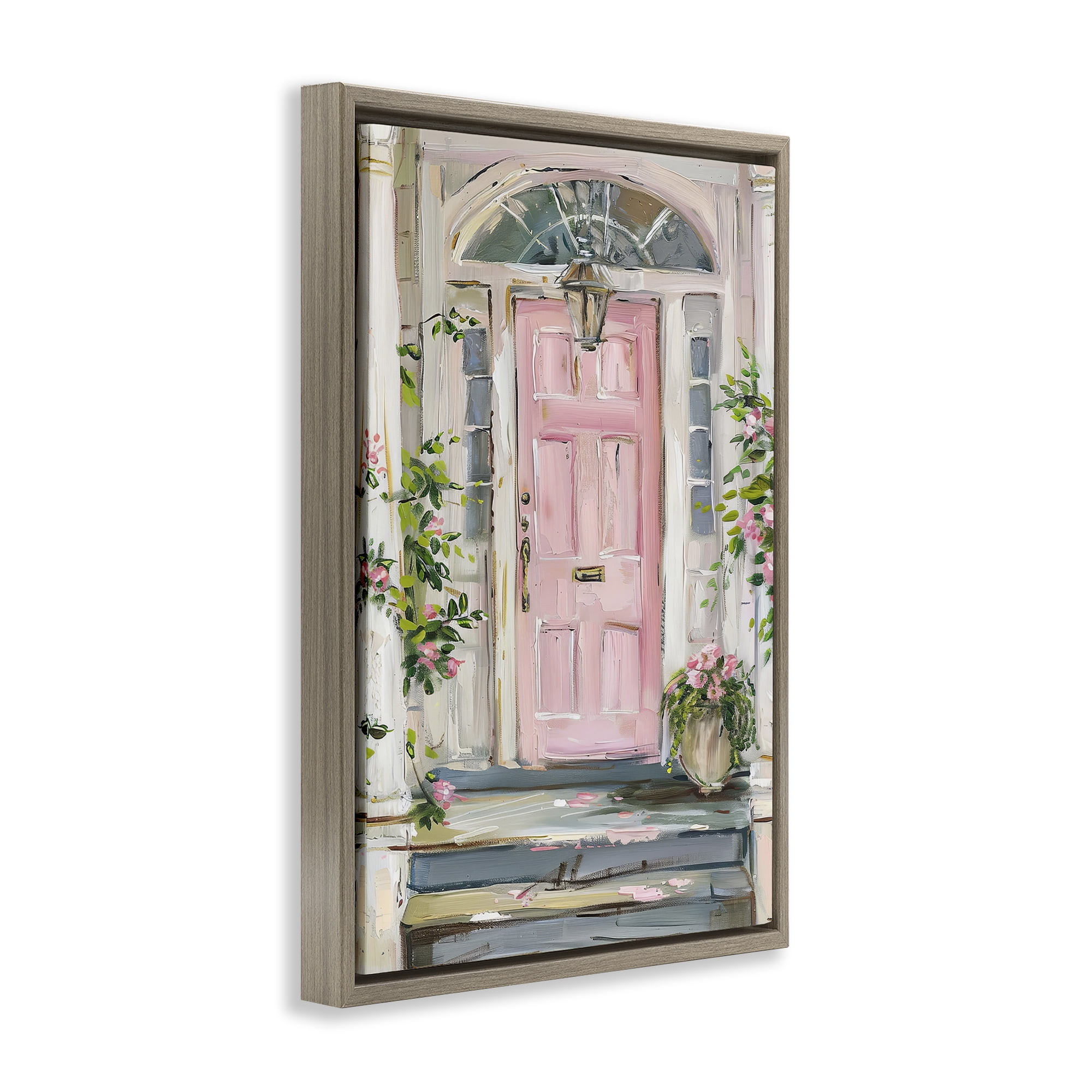 Stupell Industries Pink Door Welcome Town & City Painting Brown Floater Framed Art Print Wall Art, 21 x 31