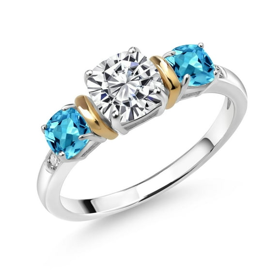 Gem Stone King 1.74 Cttw 925 Silver & 10K Yellow Gold IGI Certified Lab Grown Diamond and Topaz 3 Stone Ring for Women | 1 Ct Center Cushion Cut Diamond | E-F Color VS1-VS2 Clarity (Size 9)