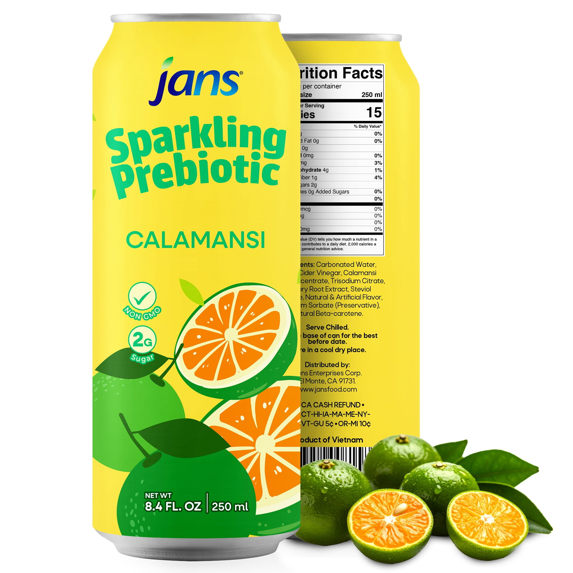 Jans Sparkling Prebiotic Soda Beverage, 8.4 oz Cans – Low Calorie, No Added Sugar – Non-GMO Sparkling Fruit Beverage – Gut Health Support – Naturally Refreshing (24-Pack, Calamansi)