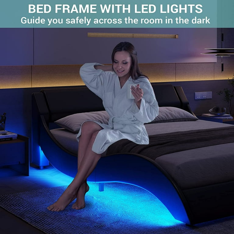 Queen Bed Frame Wave Like Curve Upholstered Platform Bed Frame with RGB Led Lights Underneath Strong Wood Slats Support Black