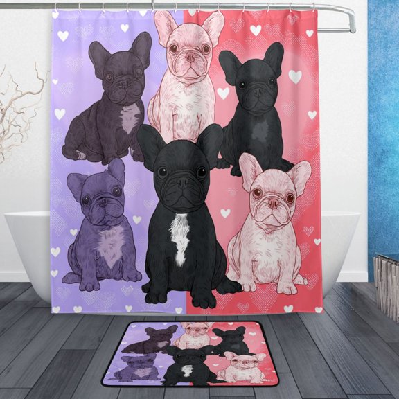TTYFWHD 60" x 72" Shower Curtain and Bath Mat Set Frenchie Squad Love Hearts Waterproof Bathroom Curtain with 12 Hooks, Bathroom Decor Set