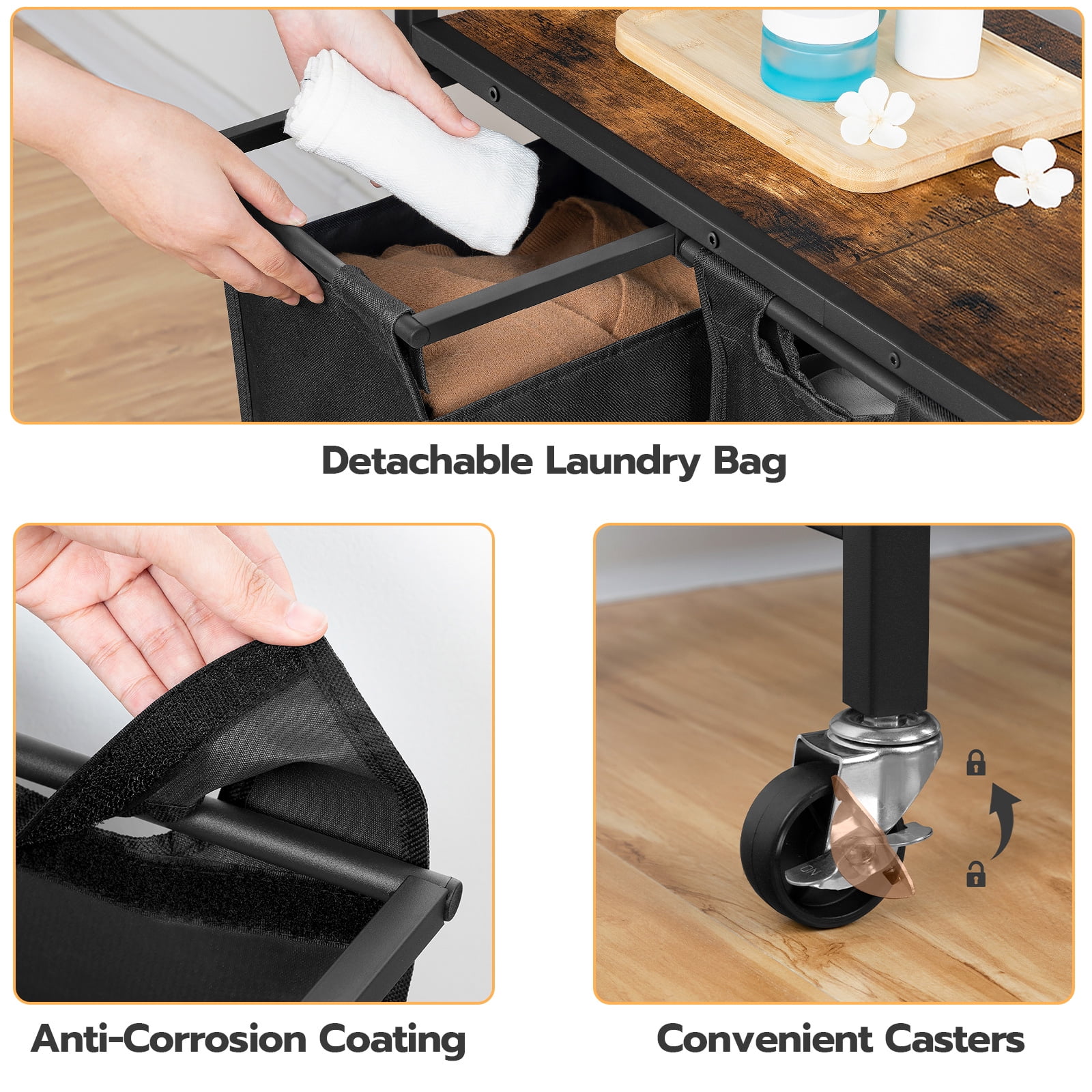 HOOBRO 3-Section Laundry Sorter with Wheels and Removable Bags, Rustic Brown and Black