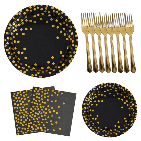 80 Pcs Black and Gold Paper Plates Party Supplies for 20 Guests Disposable Party Decorations Dinnerware Golden Dot Paper Plates Napkins Gold Plastic Forks for Wedding Birthday