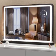 Hasipu 32x22 LED Vanity Mirror with 10X Magnification - Dimmable Touch Screen Makeup Mirror with 3 Light Modes, Round Black Lighted Mirror