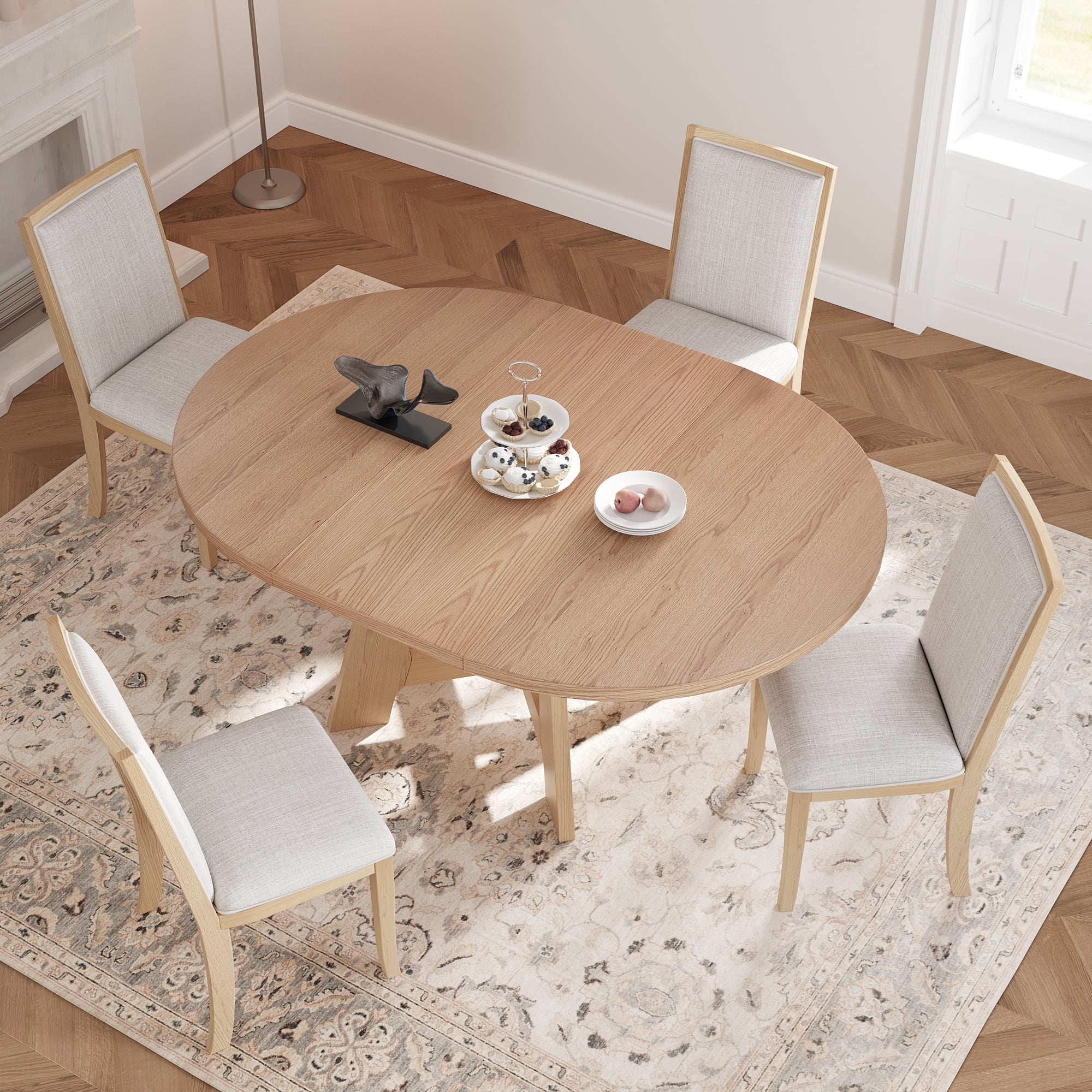 Euroco 5-Piece Round Dining Table Set for 4, Farmhouse Extendable Kitchen Table Set with Removable Leaf and 4 Upholstered Chairs for Small Places,Natural