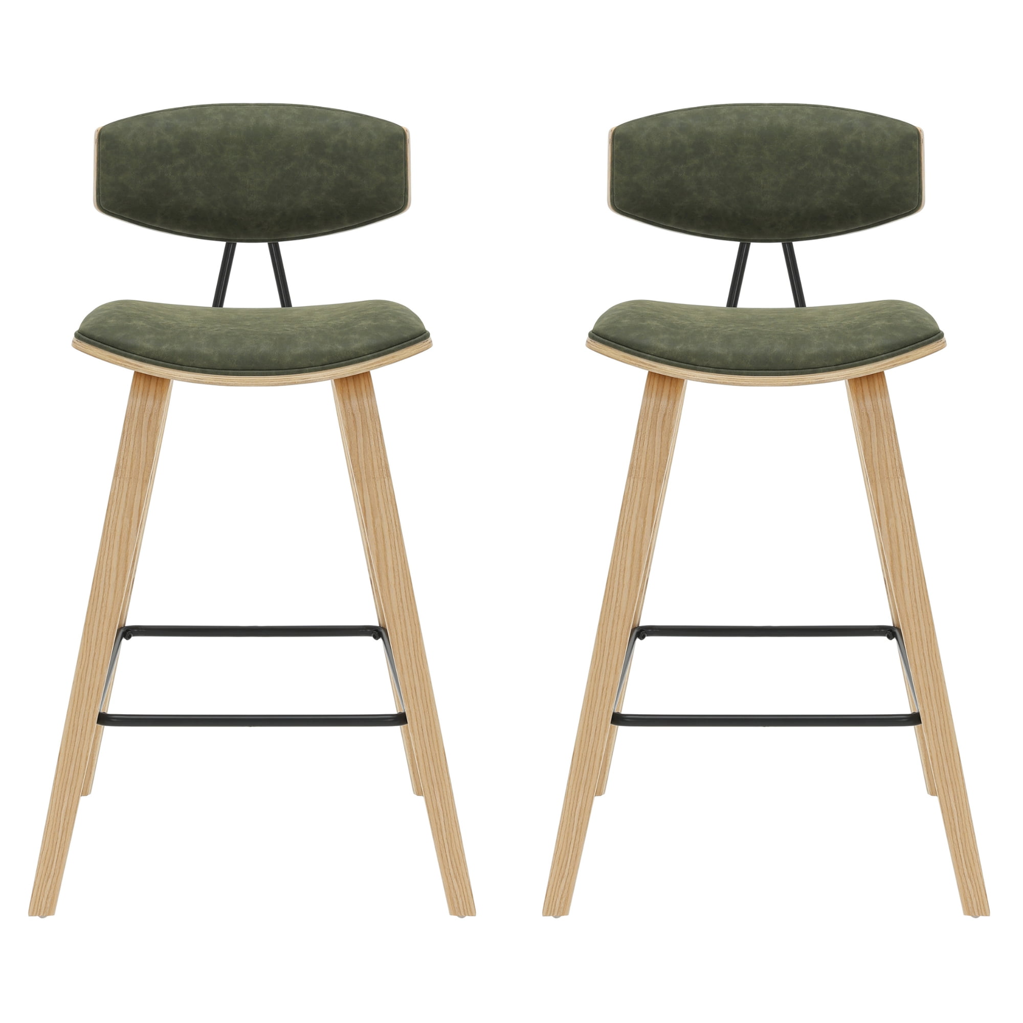 Fox 36 in. H Counter Height Vintage Green Curved Back Wood Bar Stool with Faux Leather Seat Set of 2