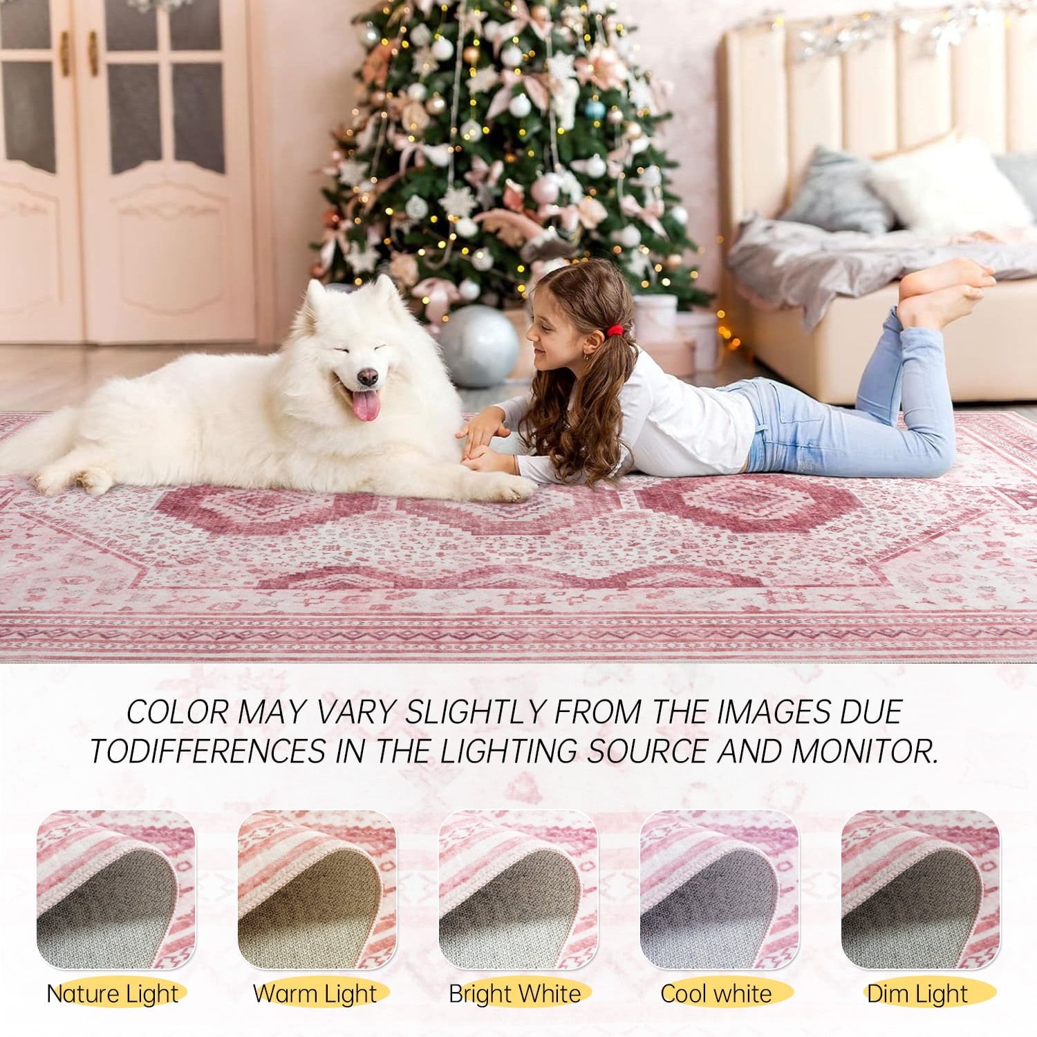 Wondo 4x6 Area Rugs for Living Room, Washable Area Rug, Rugs for Bedroom, Kitchen Rugs, Vintage Boho Carpet, Soft Non-Slip, Low Pile Area Rug for Office Dining Room, Pink
