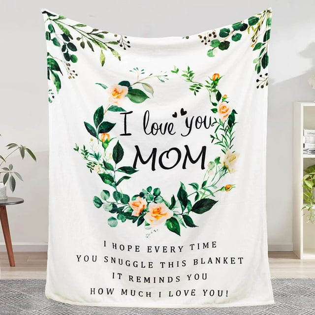 LHSHID Mom Birthday for Mom Blanket from Daughter Son Super Soft Warm and Comfy I Love You Mom Blanket Flower Women Throw Blanket White 50"x60"