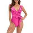 thumbnail image 2 of QLEICOM Womens Swimsuits Tummy Control Plus Size Swimsuit Coverup Fashion Solid Color Minimalistic Lanyard Lacing Ruffle Jumpsuit Swimsuit Hot Pink M, 2 of 4