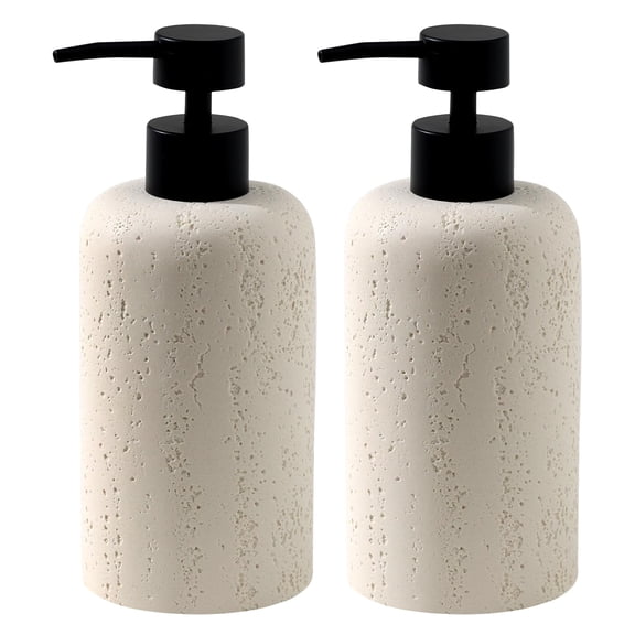 Essential Oil Soap Dispenser 340mL 11 OZ, 2 Pcs Travertine Stone Dish Lotion Shampoo Pump Bottles for Bathroom Kitchen, Beige