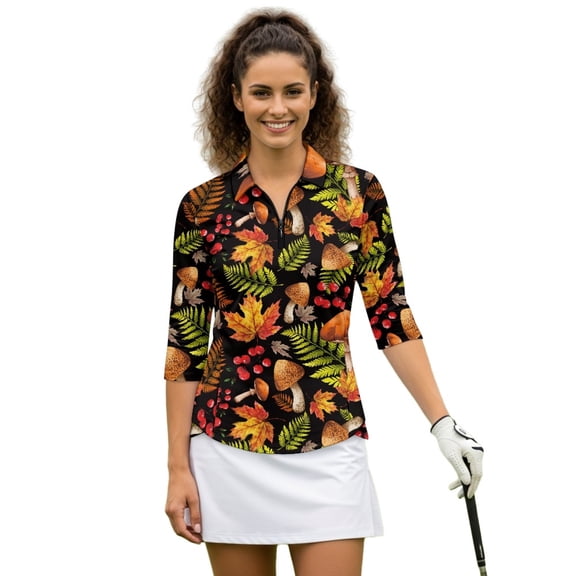 HUIACONG Autumn Golf Polo Shirt with Leaf Mushroom Pattern, 3/4 Sleeve Quarter Zip Top for Golf, Tennis, Hiking and Outdoor Sports