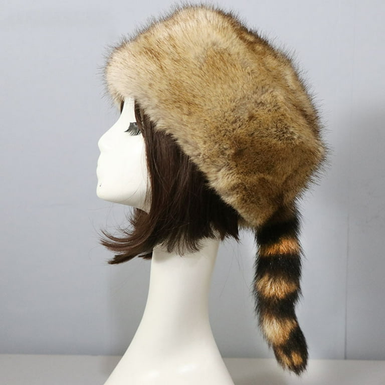 Anvazise Winter Hat Faux Fur Raccoon Tail Russian Round Flat Top Ear Protection Thickened Autumn Winter Thermal Women Cap for Camping,, adult Unisex