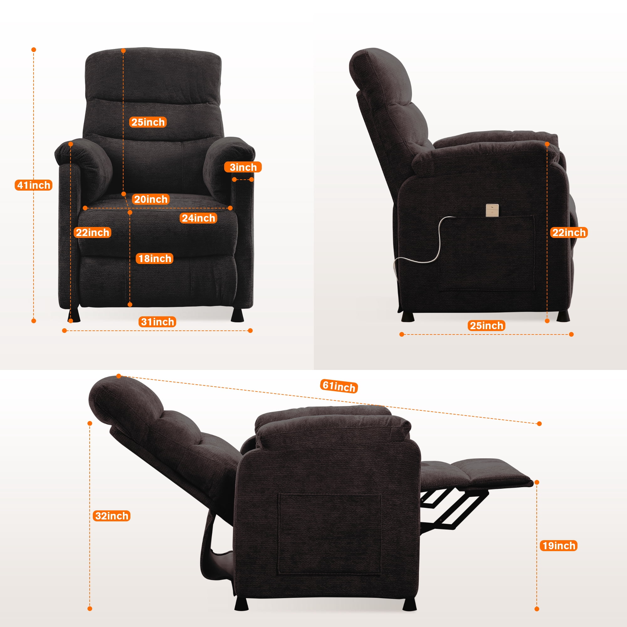 Miniyam Power Theater Chair in Black, 7-Zone Support, Full Steel Frame & 350Lbs Capacity for Home Theater
