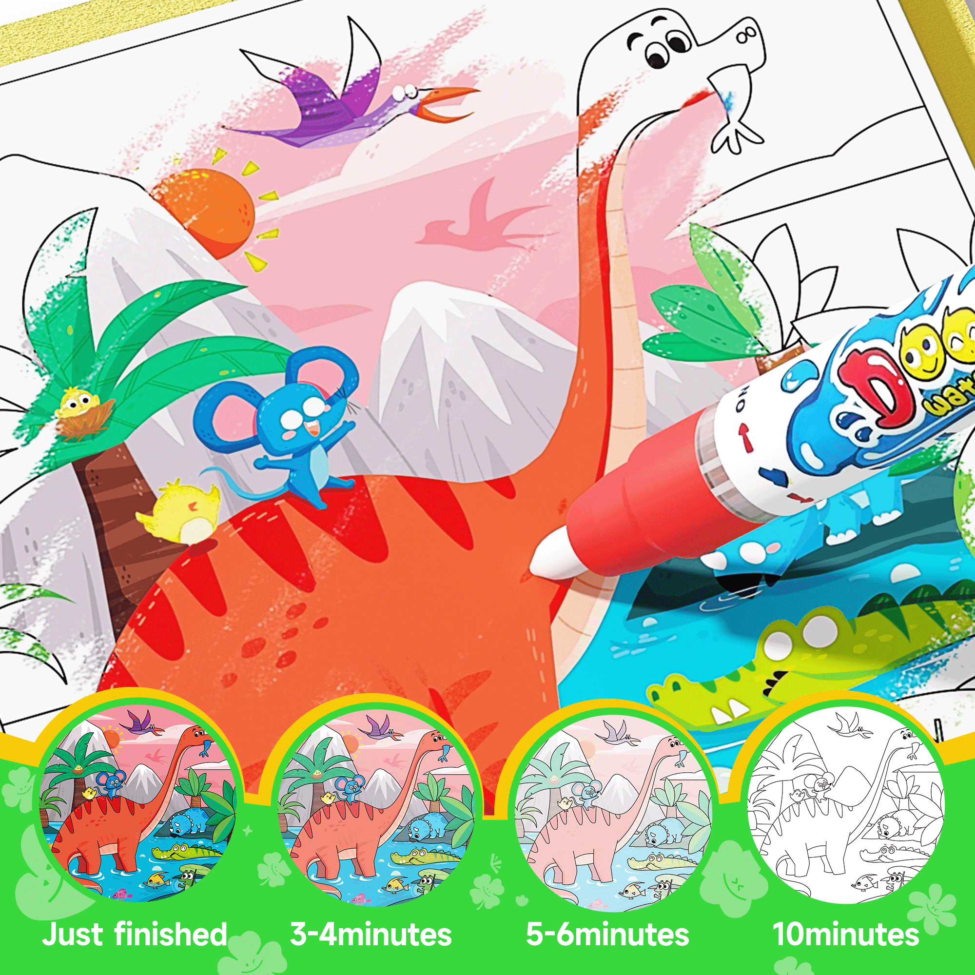 Timetome Reusable Water Painting Book - 3 Pack Magic Watercolor Books with Water Pens, 30 Coloring Book Pages for Kids Fairy Tale, Animal & Dinosaur Themes | No Mess Paint & Reusable Fun for Ages 3+