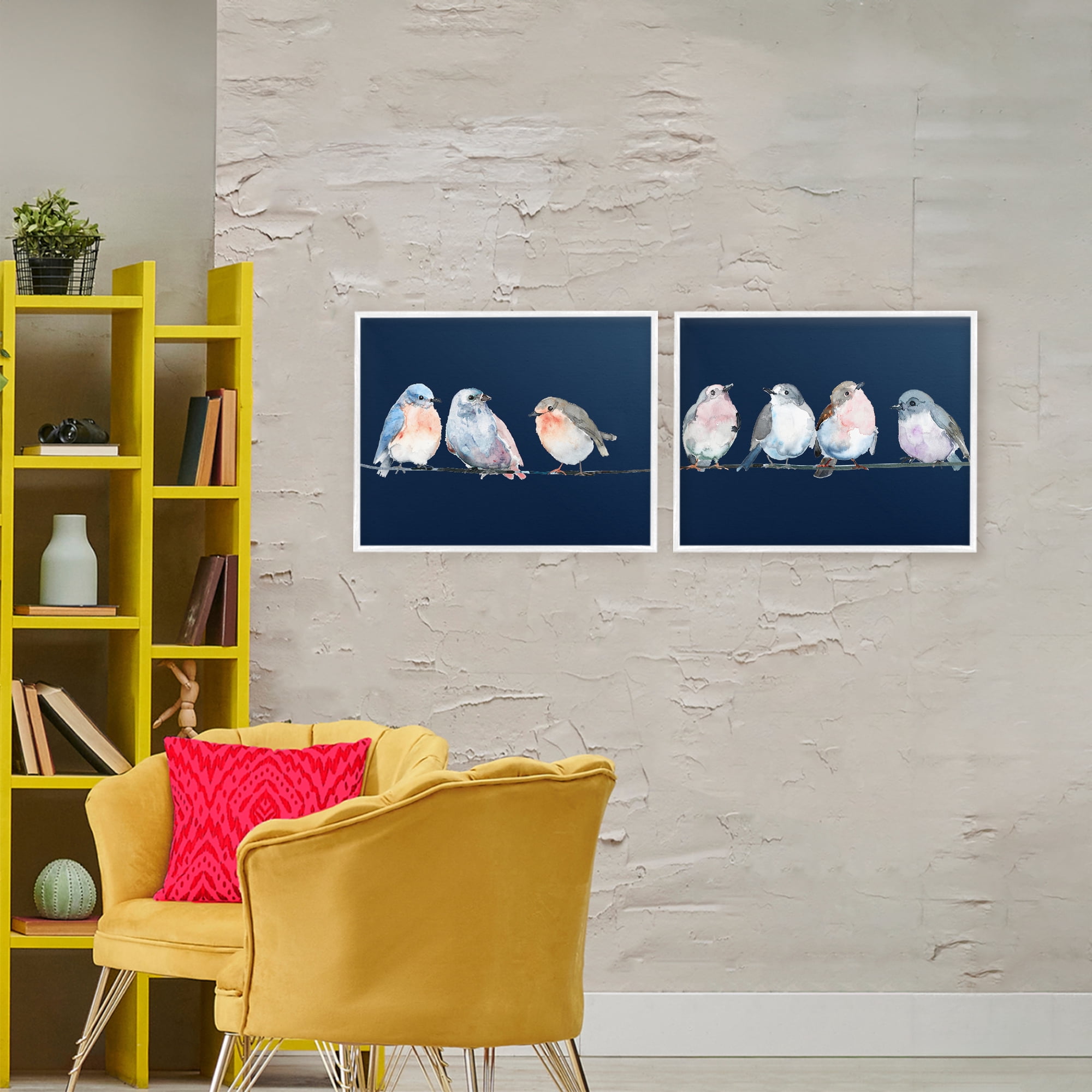 Stupell Industries Perched Navy Toned Birds 2 Piece White Framed Giclee Art Set, design by Lorenzo Collective