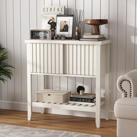 31.5 Black Entryway Console Table with Sliding Drawer Doors Narrow 2-Tier Sofa Table with Storage Shelf for Hallway Living Room or Office